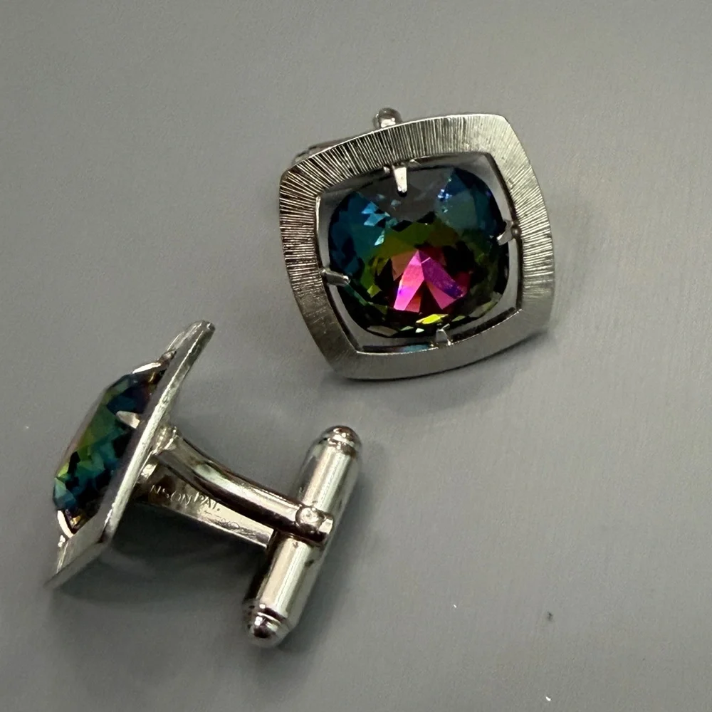 Vintage Anson Silver Set Watermelon Rhinestone Mid Century Modern Cufflinks